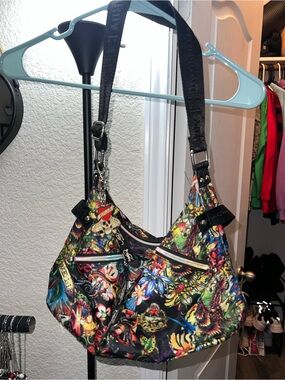 Ed Hardy Multicolor Floral & Tattoo Print Shoulder Bag - Black Base